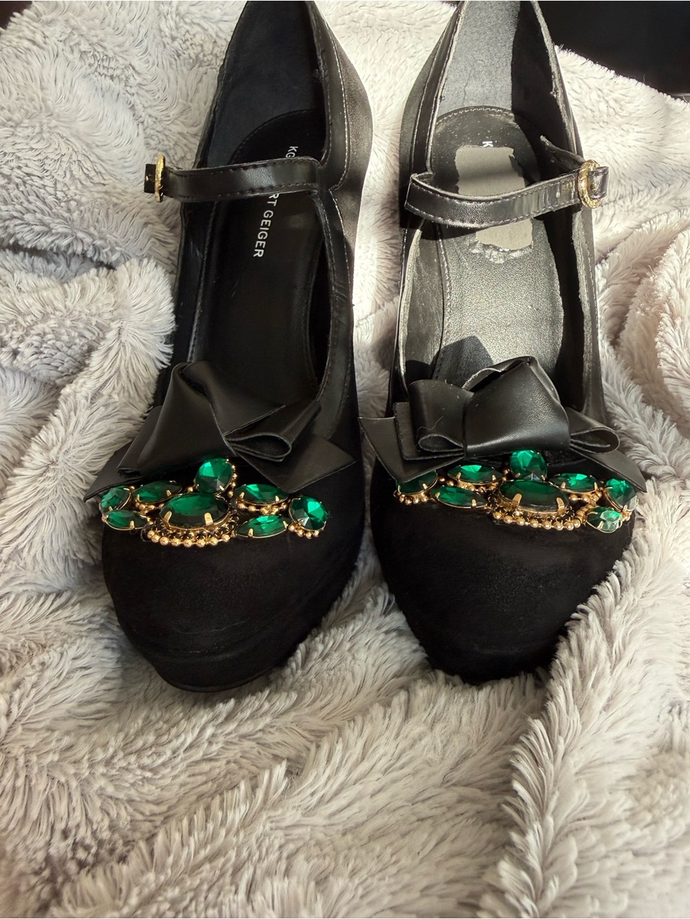 Kurt Geiger Black Mary Jane Heels with Green Crystal Detail